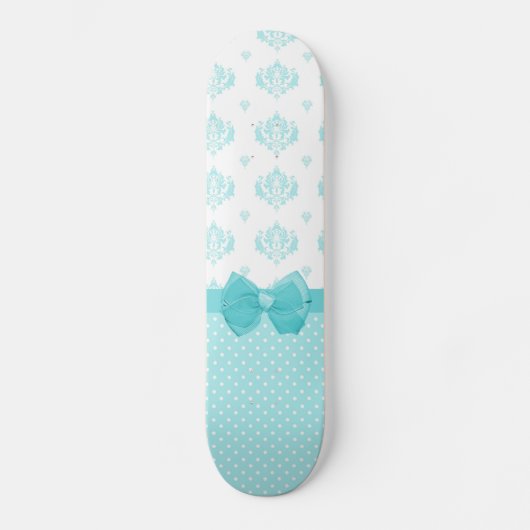 Aqua Blue Damask met Turquoise Ribbon Skateboard (Voorkant)