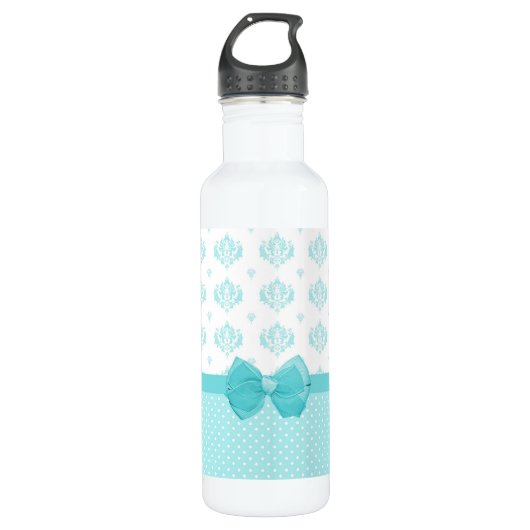 Aqua Blue Damask met Turquoise Ribbon Waterfles (Voorkant)
