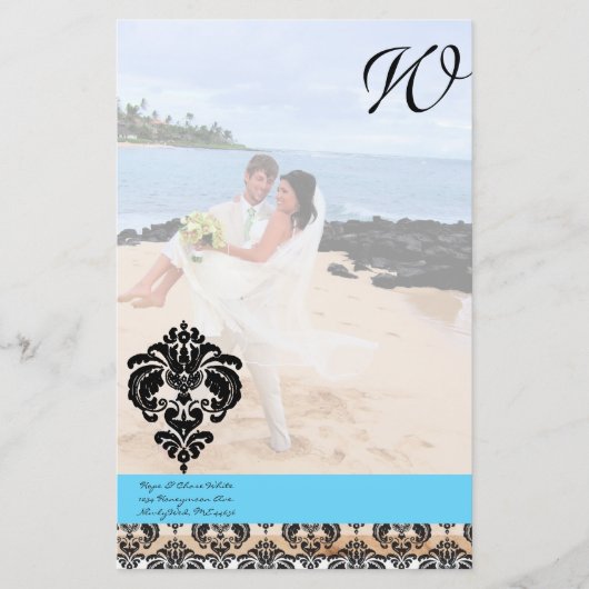 Aqua Blue Damask Monogram bruiloft Briefpapier (Voorkant)
