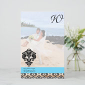 Aqua Blue Damask Monogram bruiloft Briefpapier (Staand voorkant)