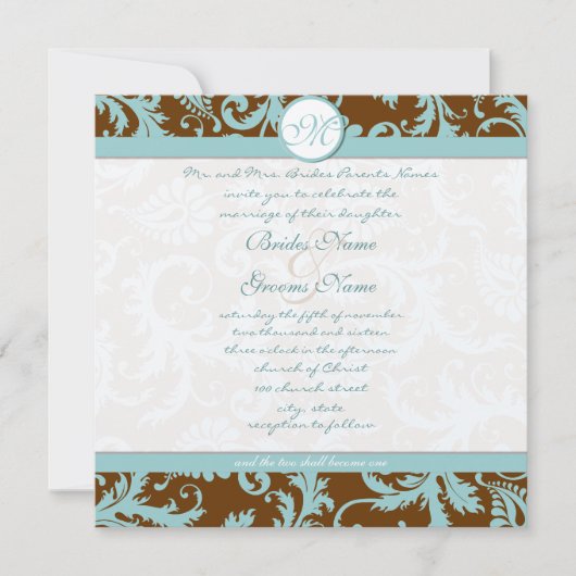 Aqua Blue Damask op bruine kerstbruiloft Kaart (Voorkant)