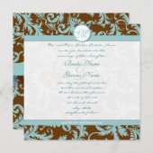 Aqua Blue Damask op bruine kerstbruiloft Kaart (Voorkant / Achterkant)