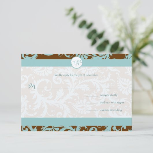 Aqua Blue Damask over de uitnodiging tot brute bru (Staand voorkant)