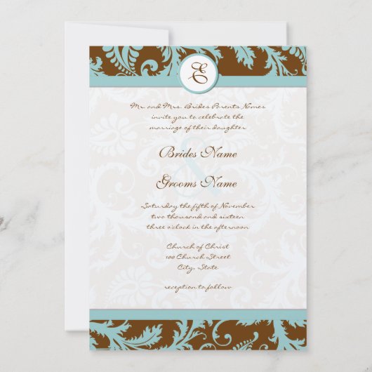 Aqua Blue Damask over de uitnodiging tot brute bru (Achterkant)