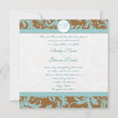 Aqua Blue Damask sur Faire-part de mariage Brown (Devant)