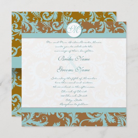 Aqua Blue Damask sur Faire-part de mariage Brown (Devant / Derrière)
