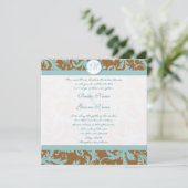 Aqua Blue Damask sur Faire-part de mariage Brown (Debout devant)