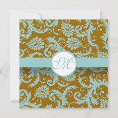 Aqua Blue Damask sur Faire-part de mariage Brown (Dos)