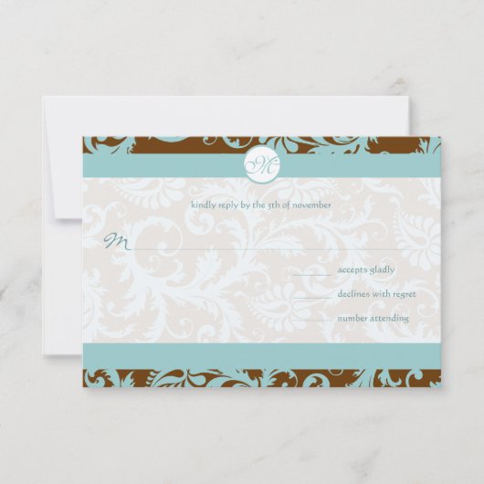 Aqua Blue Damask sur Faire-part de mariage Brown (Devant)