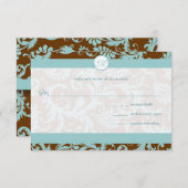 Aqua Blue Damask sur Faire-part de mariage Brown (Devant / Derrière)