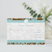 Aqua Blue Damask sur Faire-part de mariage Brown (Debout devant)