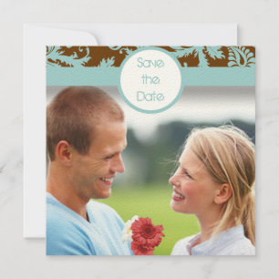 Aqua Blue Damask sur Faire-part de mariage Brown