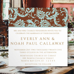 Aqua Blue Damask sur Faire-part de mariage Brown