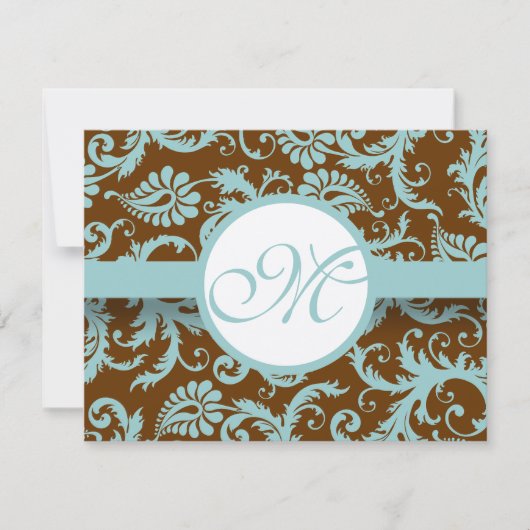 Aqua Blue Damask sur Faire-part de mariage Brown (Devant)