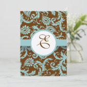 Aqua Blue Damask sur Faire-part de mariage Brown (Debout devant)