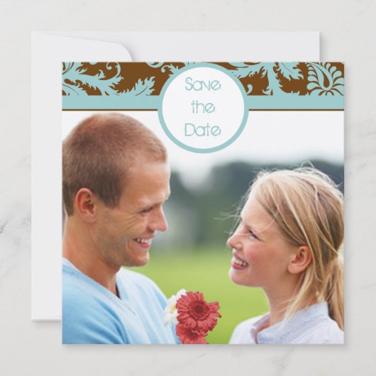 Aqua Blue Damask sur Faire-part de mariage Brown (Devant)