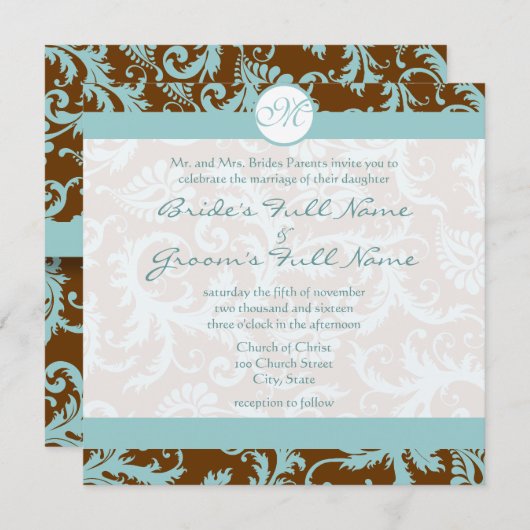 Aqua Blue Damask sur Faire-part de mariage Brown (Devant / Derrière)