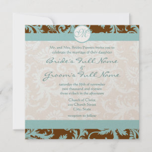 Aqua Blue Damask sur Faire-part de mariage Brown
