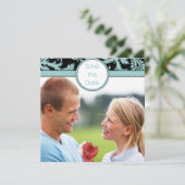 Aqua Blue Damask sur Faire-part de mariage noire (Debout devant)