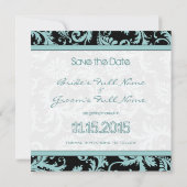 Aqua Blue Damask sur Faire-part de mariage noire (Dos)