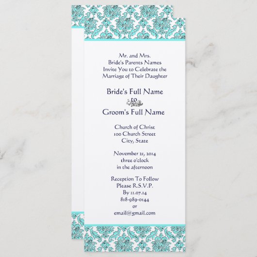 Aqua Blue Damask Swirls Wedding Invitation Kaart (Voorkant / Achterkant)