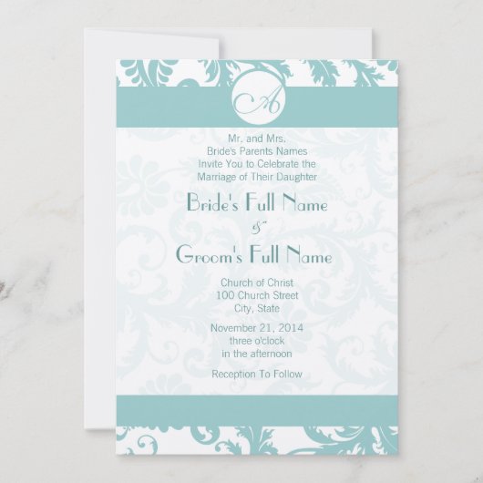 Aqua Blue Damask Swirls Wedding Invitation Kaart (Voorkant)