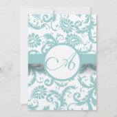 Aqua Blue Damask Swirls Wedding Invitation Kaart (Achterkant)