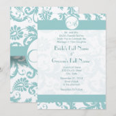 Aqua Blue Damask Swirls Wedding Invitation Kaart (Voorkant / Achterkant)