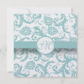 Aqua Blue Damask Swirls Wedding Invitation Kaart (Achterkant)