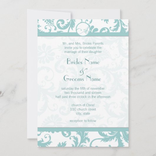 Aqua Blue Damask Swirls Wedding Invitation Kaart (Voorkant)