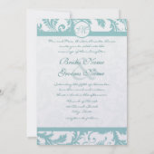 Aqua Blue Damask Swirls Wedding Invitation Kaart (Achterkant)