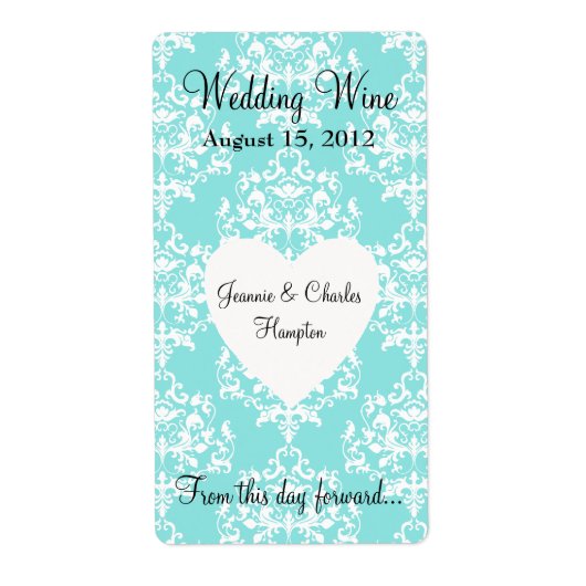 Aqua Blue Damask Wedding Mini Wine Label (Voorkant)