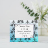 Aqua Blue Damask Wedding Save the Date Briefkaart (Staand voorkant)