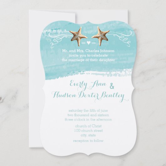 Aqua Blue Destination Beach Starfish Wedding Kaart (Voorkant)