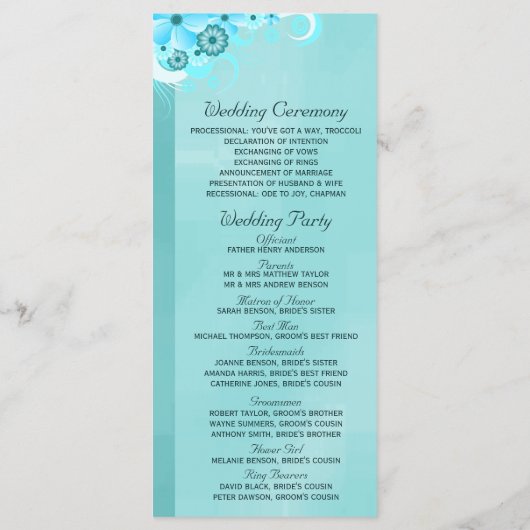Aqua Blue Donker Blauwgroen Bloemen Trouwprogramma Programma (Achterkant)