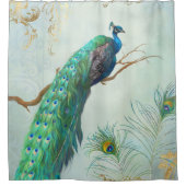 Aqua Blue Elegant Peacock n Feathers Tree Branch Douchegordijn (Voorkant)