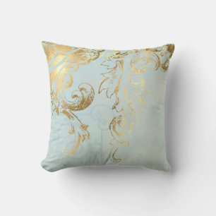 Aqua Blue Elegante Peacock Feathers Gouden Scroll Kussen