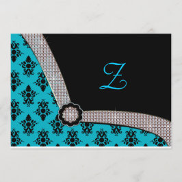 Aqua Blue en Black Damask Gem Sparkle Kaart
