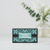 Aqua Blue en Black  Damask Wedding Planner Visitekaartje (Staand voorkant)