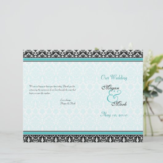 Aqua Blue en Black Damask Wedding Program (Staand voorkant)