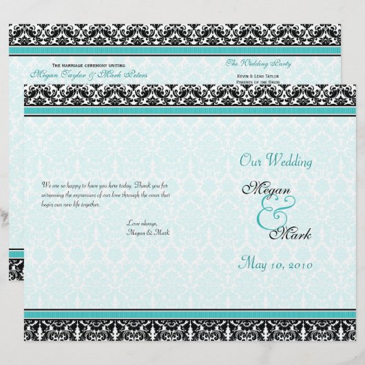 Aqua Blue en Black Damask Wedding Program (Voorkant / Achterkant)