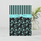 Aqua Blue en Black Striped Invitation Kaart (Staand voorkant)