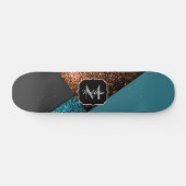 Aqua blue en bronze sparkles modern Monogram Skateboard (Horizontaal)