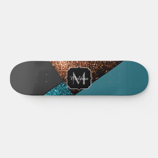 Aqua blue en bronze sparkles modern Monogram Skateboard (Horizontaal)