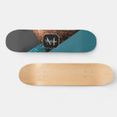 Aqua blue en bronze sparkles modern Monogram Skateboard (Horizontaal)