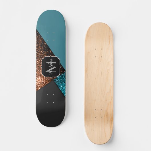 Aqua blue en bronze sparkles modern Monogram Skateboard (Voorkant)