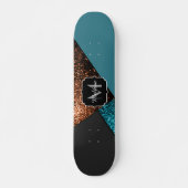 Aqua blue en bronze sparkles modern Monogram Skateboard (Voorkant)
