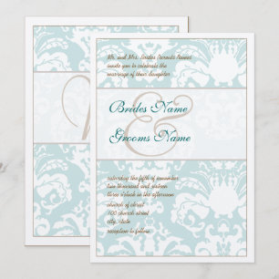 Aqua Blue en Brown Damask Wedding Invitation Kaart