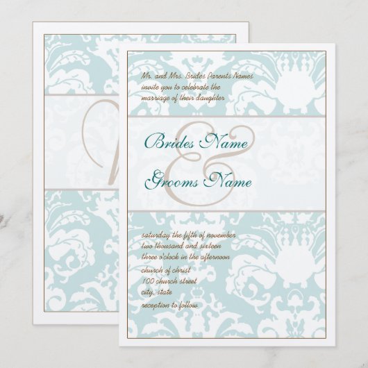 Aqua Blue en Brown Damask Wedding Invitation Kaart (Voorkant / Achterkant)
