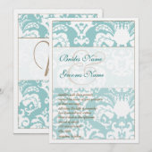 Aqua Blue en Brown Damask Wedding Invitation Kaart (Voorkant / Achterkant)
